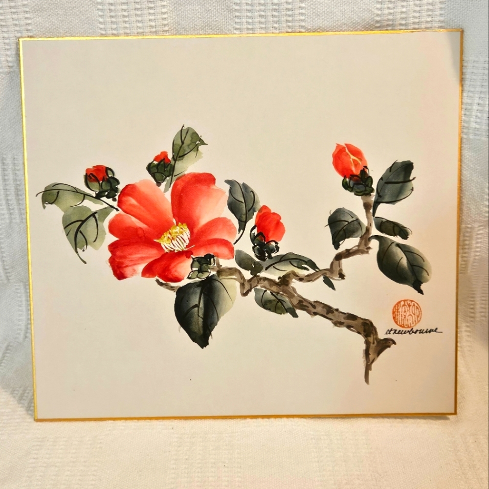 Framable Chinese Red Floral Camelia Signed Print
